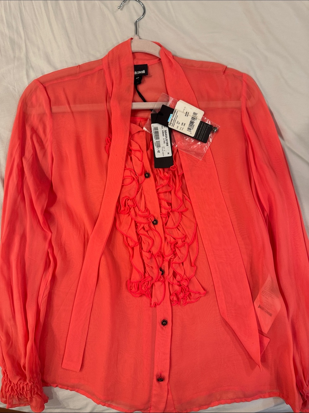 Just Cavalli Coral-Orange Ruffle Button Blouse